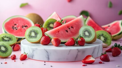 Poster - A marble podium surrounded by freshly sliced fruits such as watermelons, strawberries, and kiwis, clean and vibrant