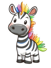 Poster - Cartoon zebra with colorful hair in a playful pose on a white background isolated on transparent background.