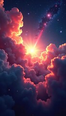 Wall Mural - silky clouds part as starlight breaks through, explosion, spacecraft, universe