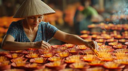 Wall Mural - The colorful background of the perfume creation process depicts an elderly woman in a straw hat sitting on hundreds of thousands of colorful incense sticks. The stage is filled with bright colors