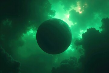 Wall Mural - A dark planet is shrouded in the mysterious, glowing aura of a green nebula, Nebular Clouds, Space