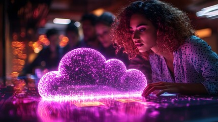 Poster - Glowing Team Collaborating Over Holographic Cloud Network in Modern Office