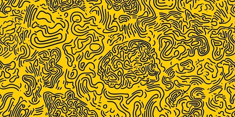 Aufkleber - Seamless doodle modern abstract brain texture yellow and black pattern. Bright texture of the brain in flat style hand drawn graphic. ,

