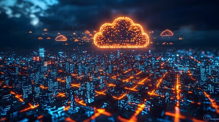 Poster - Futuristic Glowing Cityscape with Luminous Data Clouds Above Buildings Symbolizing Smart City Technology