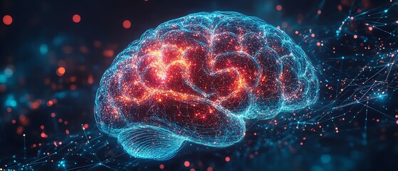 Poster - Human brain with abstract glowing shapes surrounding the center, futuristic digital concept, vibrant colors, hightech neural network design, ultraHD, 8K quality