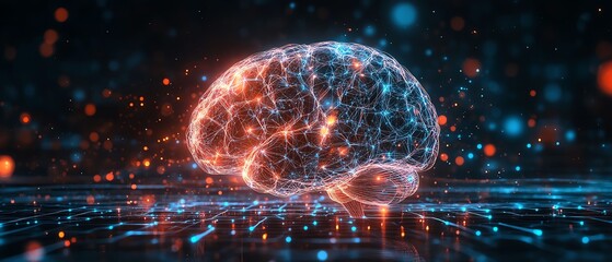 Poster - Human brain with abstract glowing shapes surrounding the center, futuristic digital concept, vibrant colors, hightech neural network design, ultraHD, 8K quality
