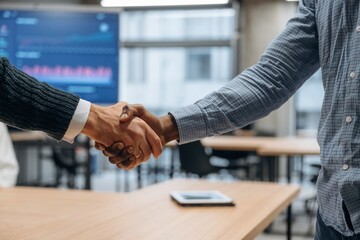 Wall Mural - Close up view of handshake between two business partners in the office