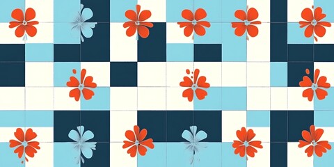 Fototapete - Checkered ornament with geometric flowers. Seamless modern youthful contemporary backdrop ,


