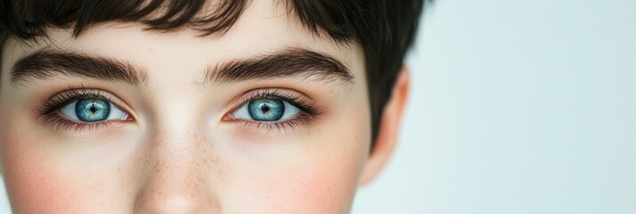 Poster - Beautiful blue eyes of young person with perfect makeup, showcasing excellent vision and health following a comprehensive ophthalmology checkup, highlighting importance of eye care