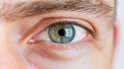 Poster - Close up of a male green eye, showcasing the intricate details of the iris, pupil, and surrounding skin, emphasizing themes of vision health and cosmetology