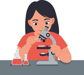 Poster - young girl observing sample under microscope in flat vector art