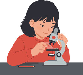 Poster - young girl examining specimen with microscope in flat vector art