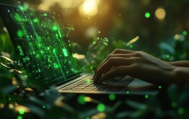 Poster - Persons hands typing on a laptop keyboard, placed on a green tech interface, futuristic design, ecofriendly technology, sleek digital interface, highdefinition, 8K resolution