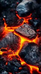 Poster - Smoldering embers radiate intense heat alongside flowing molten lava, crafting a dramatic scene that captures the raw power and transformative energy of nature's fiery landscape