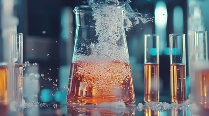 Poster - Bubbling chemical reaction laboratory closeup image scientific environment macro view chemistry concept