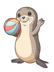 Poster - Cartoon sea lion character holding a colorful beach ball in a playful pose on a white background isolated on transparent background.