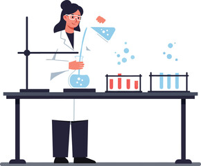 Poster - scientist conducting experiments in a laboratory using minimal flat vector art