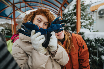 Poster - Two friends in a snowy environment enjoy a cheerful moment, holding gloves and smiling warmly. The setting includes snow-covered trees and provides a joyful, wintertime atmosphere, radiating