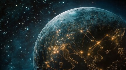 Poster - Animated glowing lines encircle a globe world map digital art global environment close-up perspective technology visual