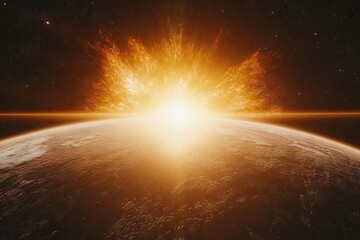 Wall Mural - fiery sunrise over planet, space explosion background; science fiction artwork