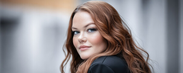 Wall Mural - Portrait of a young woman with long red hair in an urban setting during daylight