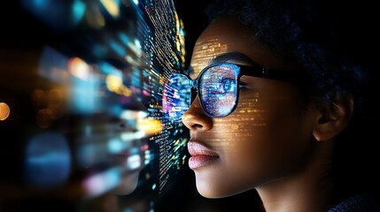 Concentrated woman in glasses, coding at night, digital screen reflection of programming software and technical research, creative and innovative work environment