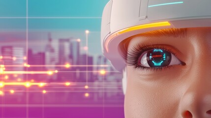 Poster - A close-up of a woman's eye wearing a futuristic headset, with a vibrant city skyline and digital elements in the background, symbolizing technology and innovation.