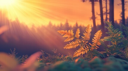 Poster - A serene forest scene at sunset, featuring illuminated ferns among tall trees, creating a warm and tranquil atmosphere.