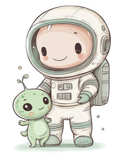 Poster - Cartoon character in astronaut suit with small green frog on a colorful outer space background isolated on transparent background.