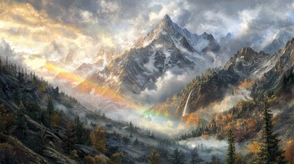 Wall Mural - Majestic Mountain Landscape with Vibrant Clouds and Rainbow Beneath a Dramatic Sky in Autumn Colors