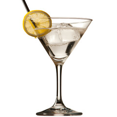 Poster - Glass of water with a lemon slice on a wooden table in a bright and airy kitchen environment isolated on transparent background.