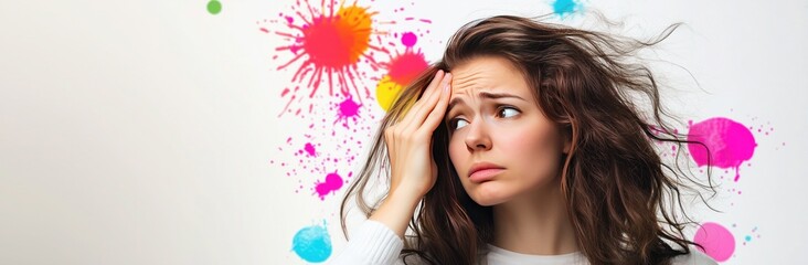 A woman with a worried expression, her hand on her forehead, against a background with colorful paint splatters, suggesting a state of mental distress or confusion.