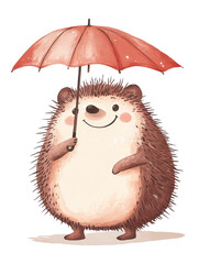 Poster - Hedge character holding an umbrella while smiling in a bright outdoor setting with green foliage isolated on transparent background.