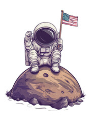 Poster - Astronaut sitting on the moon with an american flag in a lunar landscape under a starry sky isolated on transparent background.
