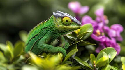 Poster - Chameleon energy expert monitors green innovations in nature close-up vibrant environment sustainable concept