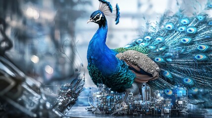 Aufkleber - Engineering a peacock in a futuristic lab crafting innovative technology with elegance and precision