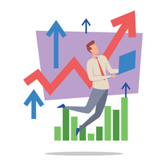 Poster - Business professional engaged in analyzing growth trends using laptop, surrounded by upward arrows and bar graphs. Data and strategy concept