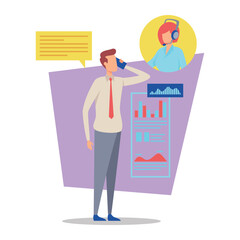 Poster - Business professional interacting on phone call with virtual assistant displayed on screen. Data charts and graphs indicating analysis and productivity