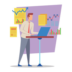 Poster - Business professional standing at desk, analyzing graphs and charts on laptop. Various documents with data visuals displayed in background, indicating research activity