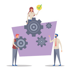 Poster - Two individuals working together in modern office, while third person overseeing their progress. Teamwork and productivity with gears symbolizing efficiency