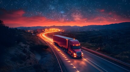 Wall Mural - Glowing Truck Leaving Luminous Trail to Distant Warehouse Under Starry Sky