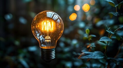 Aufkleber - Vintage Light Bulb Illuminating Green Plant Background in Nature