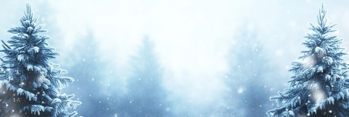 Poster - Snow gently falling on evergreen pine trees creates a serene winter landscape. The frosty atmosphere and blurred background evoke a tranquil, peaceful winter scene