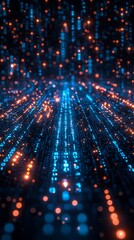 Poster - Abstract Digital Data Visualization with Glowing Blue and Orange Binary Code in Motion