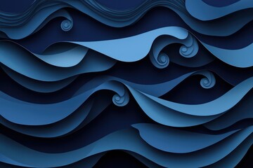 Wall Mural - cascading waves cutout in blue paper on a navy backdrop, seen diagonally for high-resolution detail.