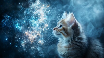 Aufkleber - Dreaming kitten imagining new worlds cosmic space digital art mystical night close-up possibilities in imagination