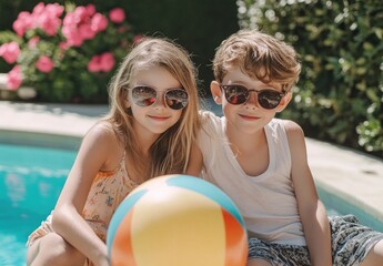 Wall Mural - Two happy kids with a beach ball sitting on the edge of a swimming pool in the summer, holding hands and laughing at an outdoor resort hotel or garden party during a vacation.