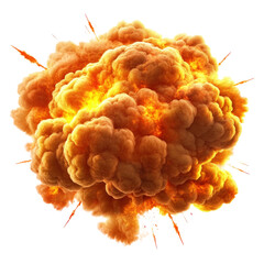 Poster - Large explosion with vibrant orange and yellow smoke billowing into the sky against a clear blue background isolated on transparent background..