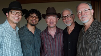 Wall Mural - Five men in hats smiling and posing for a photo against a neutral background.