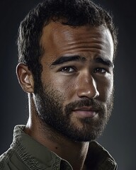 Wall Mural - A young man with a beard looking confidently at the camera against a dark background.